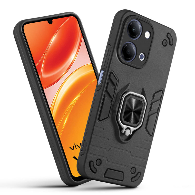 Front and back view of Vivo Y21 5G fitted with a protective case and ring grip