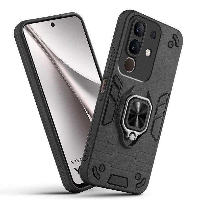 Front and back view of Vivo Y31 Pro 5G fitted with a protective case and ring grip