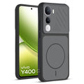 Front and back view of Black protective back cover for Vivo Y400 5G with textured sides, camera guard and slim fit design.