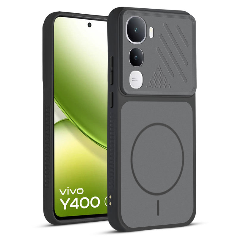 Front and back view of Black protective back cover for Vivo Y400 5G with textured sides, camera guard and slim fit design.