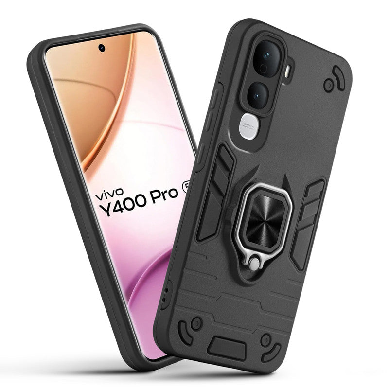 Front and back view of Vivo Y400 Pro 5G fitted with a protective case and ring grip