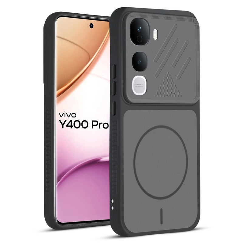 Front and back view of Black protective back cover for Vivo Y400 Pro 5G with textured sides, camera guard and slim fit design.