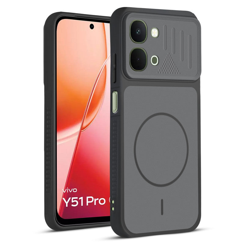 Front and back view of Black protective back cover for Vivo Y51 Pro 5G with textured sides, camera guard and slim fit design.