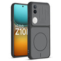 Front and back view of Black protective back cover for iQOO Z10R 5G with textured sides, camera guard and slim fit design.