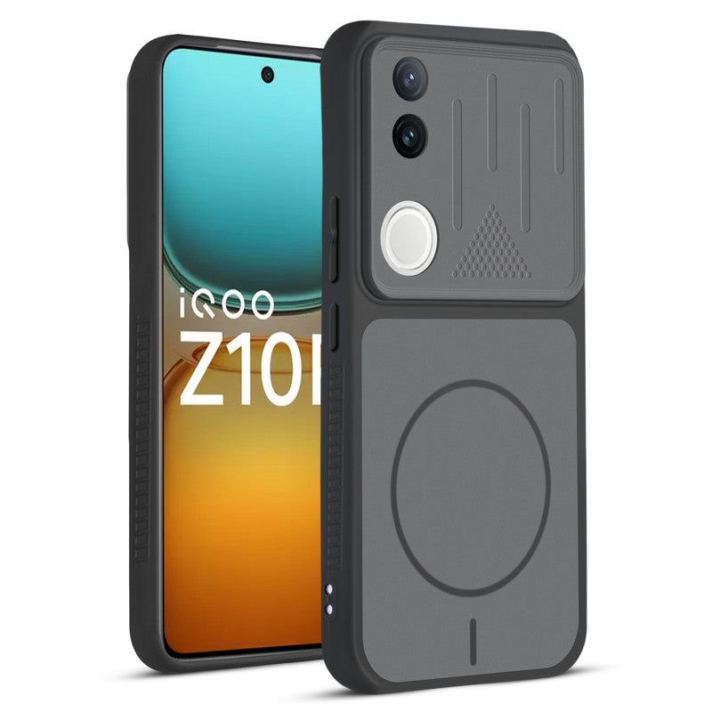 Front and back view of Black protective back cover for iQOO Z10R 5G with textured sides, camera guard and slim fit design.