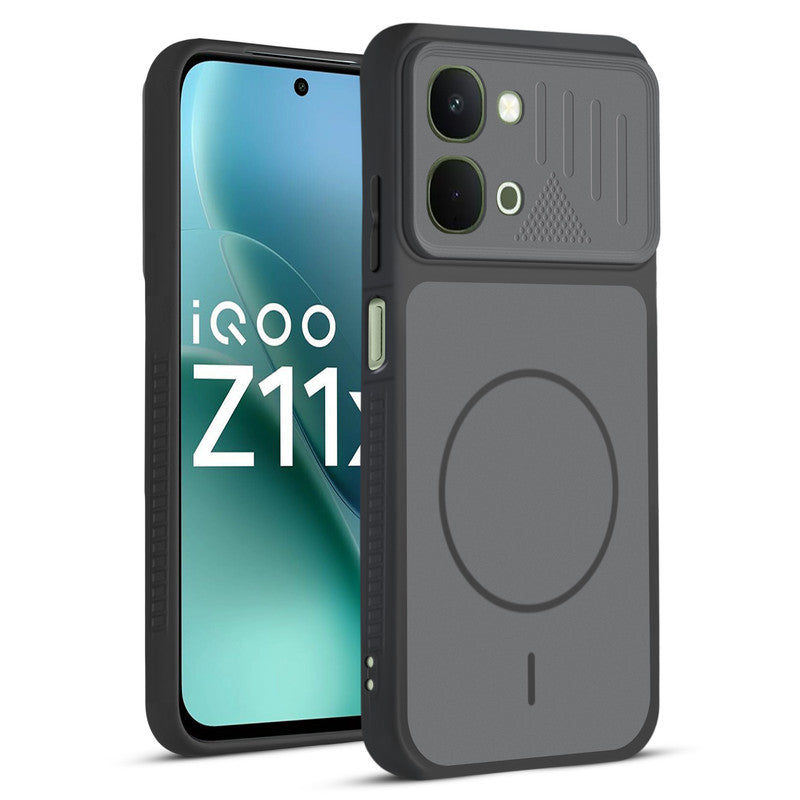Front and back view of Black protective back cover for iQOO Z11x 5G with textured sides, camera guard and slim fit design.