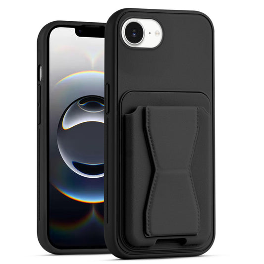 All in One Premium Leather Back Cover for Apple iPhone 16e with Card Slot & Foldable Grip Holder