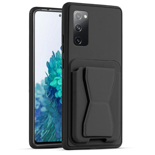All in One Premium Leather Back Cover for Samsung S20 FE 5G with Card Slot & Foldable Grip Holder