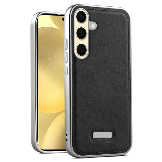Sophisticated Leather Cover for Samsung S25 5G with Shiny Silver Edges, Stitched Back Design & Hard Shell Protection