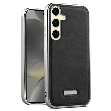 Sophisticated Leather Cover for Samsung S24 5G with Shiny Silver Edges, Stitched Back Design & Hard Shell Protection