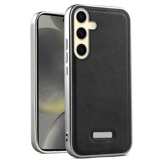 Sophisticated Leather Cover for Samsung S24 5G with Shiny Silver Edges, Stitched Back Design & Hard Shell Protection