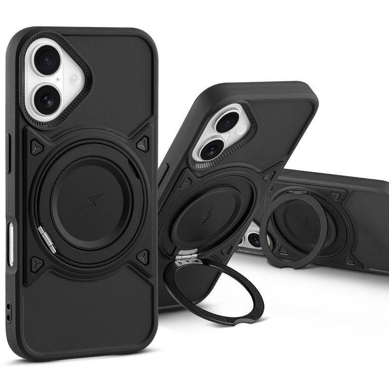 Wireless Charging Support Compatible with Metal Finish Ring Stand & Silicone Grip Back Case For Apple iPhone 16 Plus