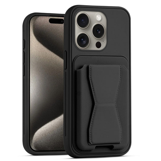 All in One Premium Leather Back Cover for Apple iPhone 15 Pro Max with Card Slot & Foldable Grip Holder