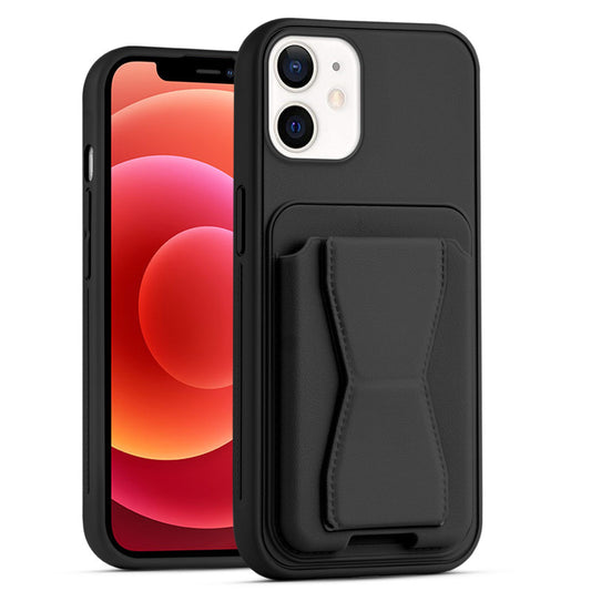 All in One Premium Leather Back Cover for Apple iPhone 12 with Card Slot & Foldable Grip Holder