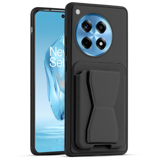 All in One Premium Leather Back Cover for OnePlus 12R 5G with Card Slot & Foldable Grip Holder