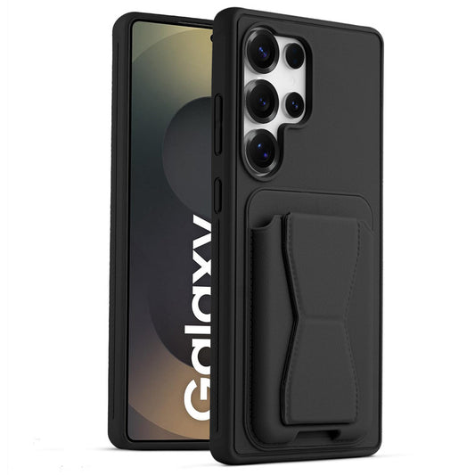 All in One Premium Leather Back Cover for Samsung S25 Ultra 5G with Card Slot & Foldable Grip Holder