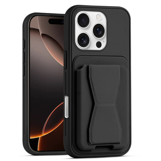 All in One Premium Leather Back Cover for Apple iPhone 16 Pro with Card Slot & Foldable Grip Holder
