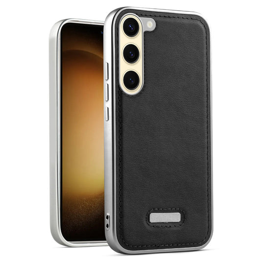 Sophisticated Leather Cover for Samsung S23 5G with Shiny Silver Edges, Stitched Back Design & Hard Shell Protection