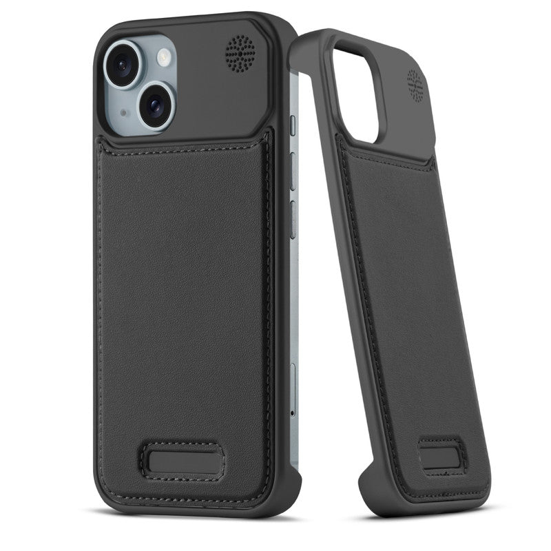 Elegant Designed Metallic Finish Leather Bracket Case For Apple iPhone 15