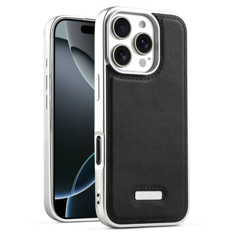 Sophisticated Leather Cover for Apple iphone 16 Pro Max with Shiny Silver Edges, Stitched Back Design & Hard Shell Protection
