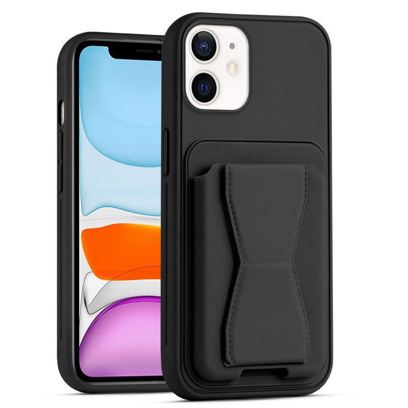 All in One Premium Leather Back Cover for Apple iPhone 11 with Card Slot & Foldable Grip Holder