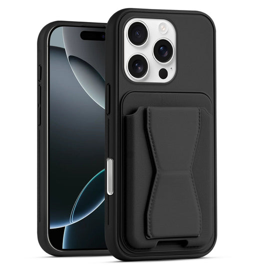 All in One Premium Leather Back Cover for Apple iphone 16 Pro Max with Card Slot & Foldable Grip Holder