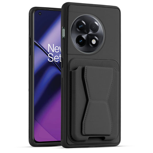 All in One Premium Leather Back Cover for OnePlus 11R 5G with Card Slot & Foldable Grip Holder