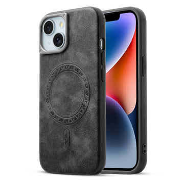 Alloy Camera Ring Faux Leather Back Case for Apple iPhone 14 , Hard Shell with MagSafe Support