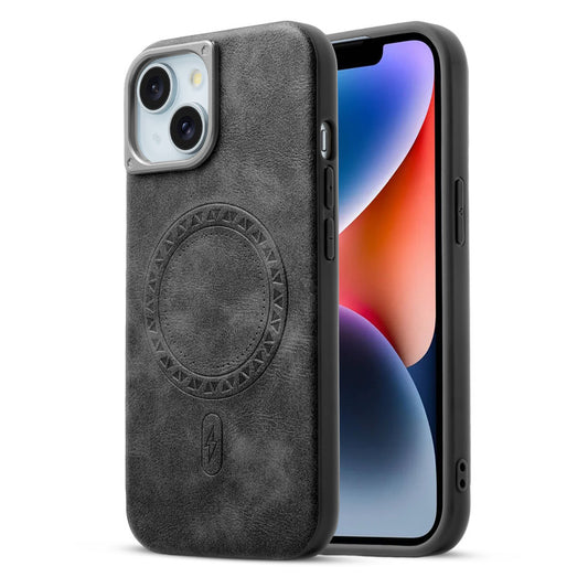 Alloy Camera Ring Faux Leather Back Case for Apple iPhone 14 , Hard Shell with MagSafe Support