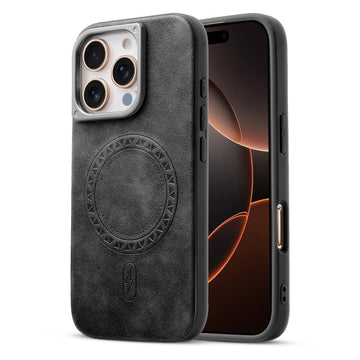 Alloy Camera Ring Faux Leather Back Case for Apple iPhone 16 Pro , Hard Shell with Wireless Charging Support Support
