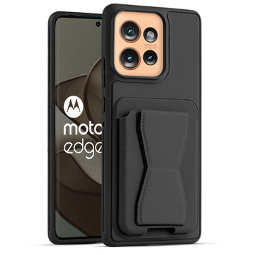 All in One Premium Leather Back Cover for Motorola Moto Edge 50 5G with Card Slot & Foldable Grip Holder