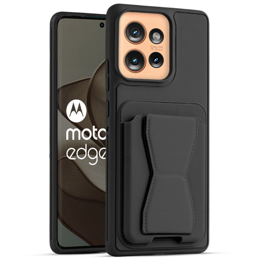 All in One Premium Leather Back Cover for Motorola Moto Edge 50 5G with Card Slot & Foldable Grip Holder