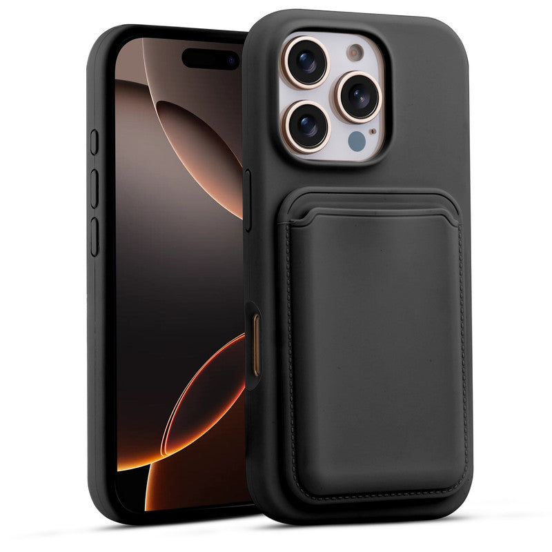 Silicon Magnetic Wireless Charging Back Case For Apple iPhone 16 Pro with Detachable Card Holder