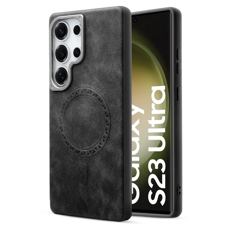 Alloy Camera Ring Faux Leather Back Case for Samsung S23 Ultra 5G , Hard Shell with MagSafe Support