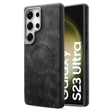 Alloy Camera Ring Faux Leather Back Case for Samsung S23 Ultra 5G , Hard Shell with MagSafe Support