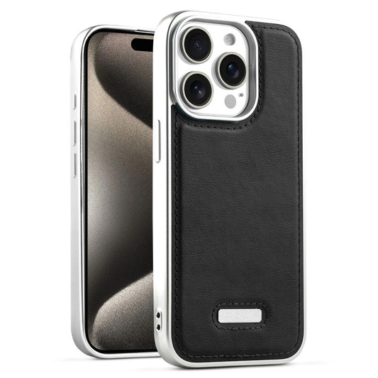 Sophisticated Leather Cover for Apple iPhone 15 Pro Max with Shiny Silver Edges, Stitched Back Design & Hard Shell Protection