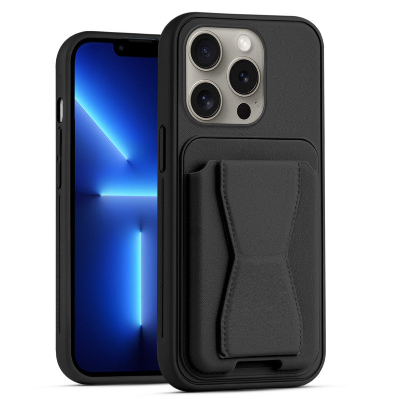 All in One Premium Leather Back Cover for Apple iPhone 13 Pro with Card Slot & Foldable Grip Holder