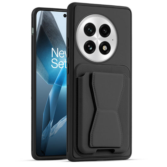 All in One Premium Leather Back Cover for OnePlus 13 5G with Card Slot & Foldable Grip Holder