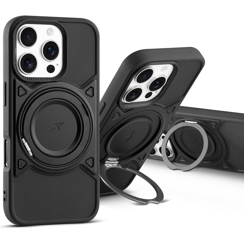 MagSafe Compatible with Metal Finish Ring Stand & Silicone Grip Back Case For Apple iPhone 16 Pro