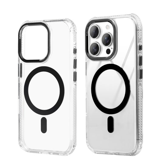 Premium Crystal Clear Hard Back Case For Apple iPhone 15 Pro with Strong MagSafe Magnet & Colored Metal finish Ring Camera Protection