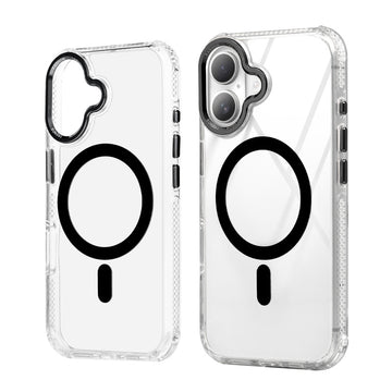 Premium Crystal Clear Hard Back Case For Apple iPhone 16 with Strong MagSafe Magnet & Colored Metal finish Ring Camera Protection