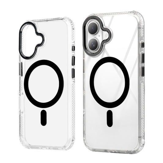 Premium Crystal Clear Hard Back Case For Apple iPhone 16 with Strong MagSafe Magnet & Colored Metal finish Ring Camera Protection