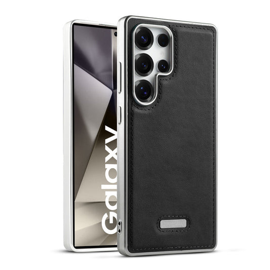 Sophisticated Leather Cover for Samsung S24 Ultra 5G with Shiny Silver Edges, Stitched Back Design & Hard Shell Protection