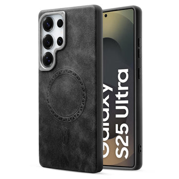 Alloy Camera Ring Faux Leather Back Case for Samsung S25 Ultra 5G , Hard Shell with MagSafe Support