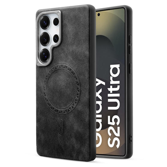 Alloy Camera Ring Faux Leather Back Case for Samsung S25 Ultra 5G , Hard Shell with MagSafe Support