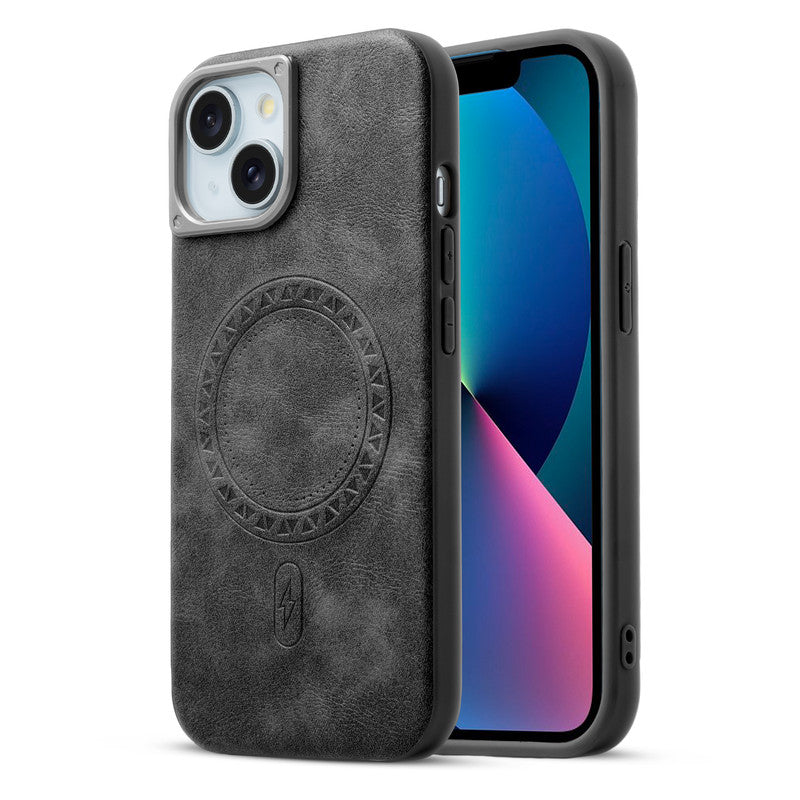 Alloy Camera Ring Faux Leather Back Case for Apple iPhone 13 , Hard Shell with MagSafe Support