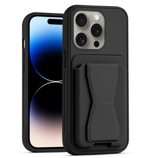 All in One Premium Leather Back Cover for Apple iPhone 14 Pro with Card Slot & Foldable Grip Holder
