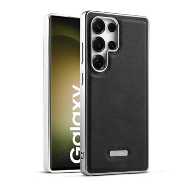 Sophisticated Leather Cover for Samsung S23 Ultra 5G with Shiny Silver Edges, Stitched Back Design & Hard Shell Protection