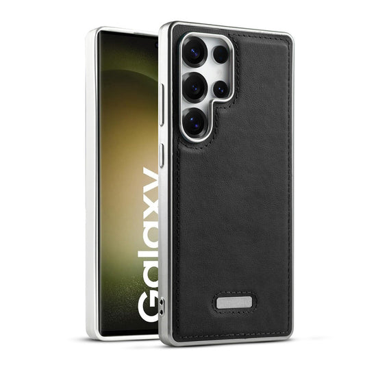 Sophisticated Leather Cover for Samsung S23 Ultra 5G with Shiny Silver Edges, Stitched Back Design & Hard Shell Protection