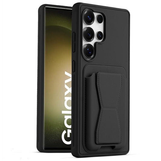 All in One Premium Leather Back Cover for Samsung S23 Ultra 5G with Card Slot & Foldable Grip Holder